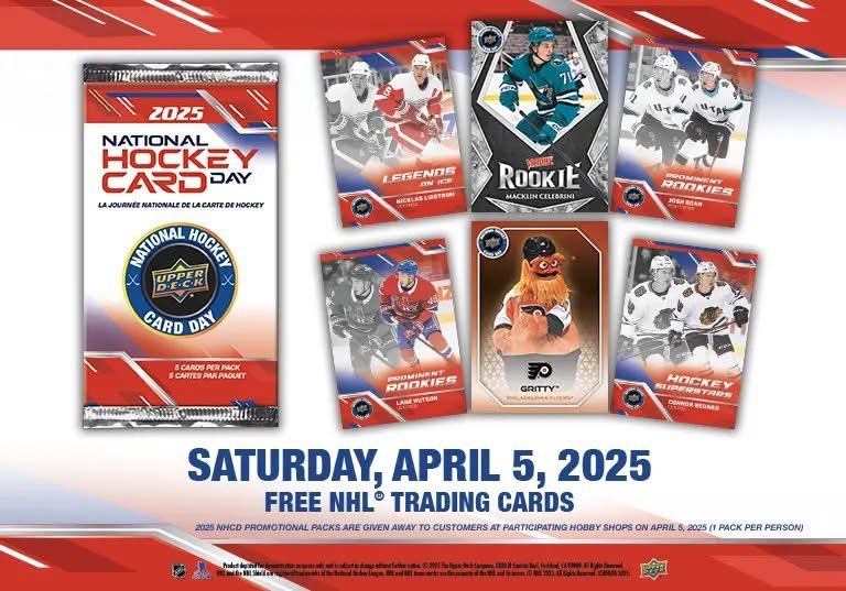 TheStadiumMuth's tweet photo. Today (Saturday, April 5th) is National Hockey Card Day! Visit either Stadium location today to receive a FREE pack of 2025 NHCD! 

Make a $10.00 Upper Deck Hockey purchase, and you'll receive a FREE Rookie Moments card of Macklin Celebrini (limit 1)

#NHCD #upperdeckhockey https://t.co/zGQrvPM4vn