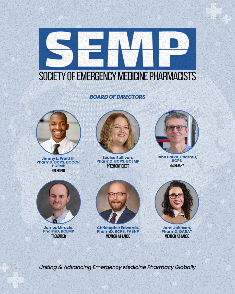 We’re proud to introduce the inaugural Board of Directors for the Society of Emergency Medicine Pharmacists (SEMP)!

A team of passionate leaders, committed to advancing the role of EM pharmacists and transforming emergency care.

Visit empharmacists.org 

#SEMP #EMPharm