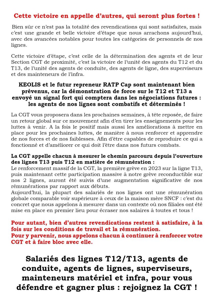 Victoire des cheminots du T12 et du T13 !

Après 72h de grève, ils décrochent des augmentations de salaire qui sont le juste dû de leur travail.
Pour les usagers, ils ont obtenu la reprise des embauches.

Nous veillerons à ce que ces conquis soient maintenus au prochain transfert