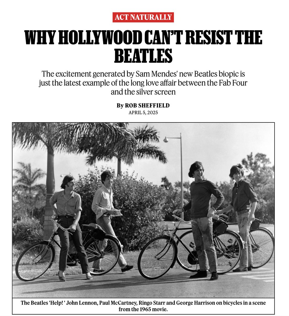 I wrote about the long history of movies about the Beatles, the new Sam Mendes biopic, and the silver screen's love affair with John, Paul, George, and Ringo. 

Plus why my favorite film about the Fabs will always be "Two of Us."

rollingstone.com/music/music-fe…