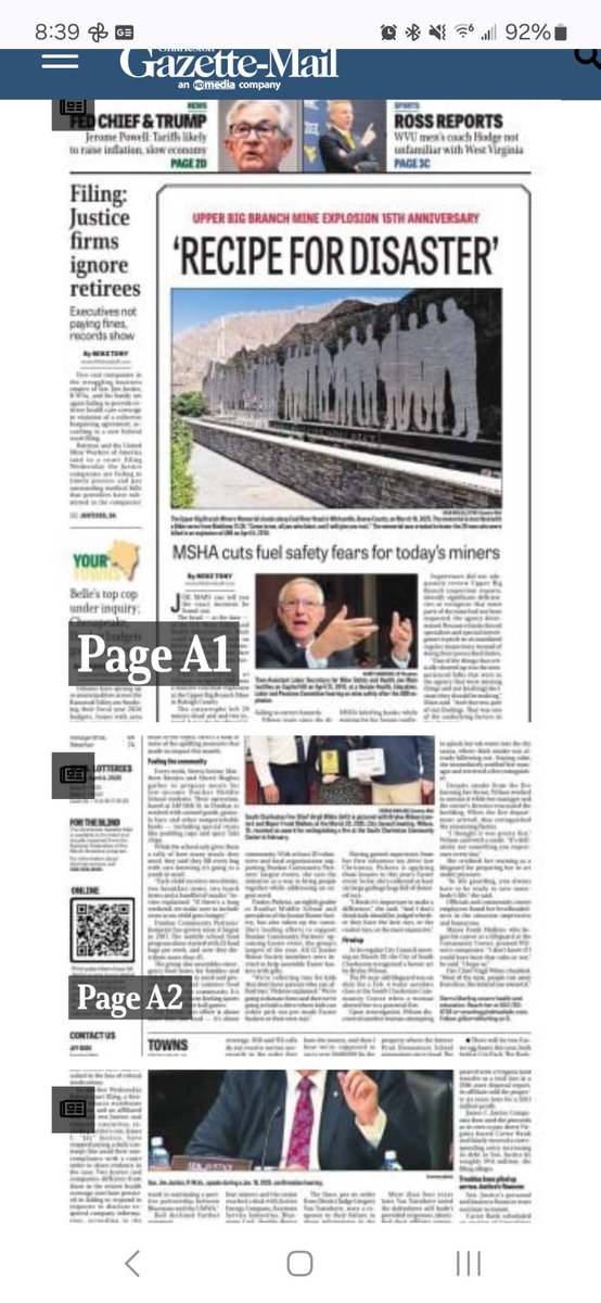 Front page of Charleston Gazette-Mail in West Virginia on 15th anniversary of Upper Big Branch mine explosion that killed 29 miners: 

“‘RECIPE FOR DISASTER’ MSHA cuts fuel safety fears for today’s miners”