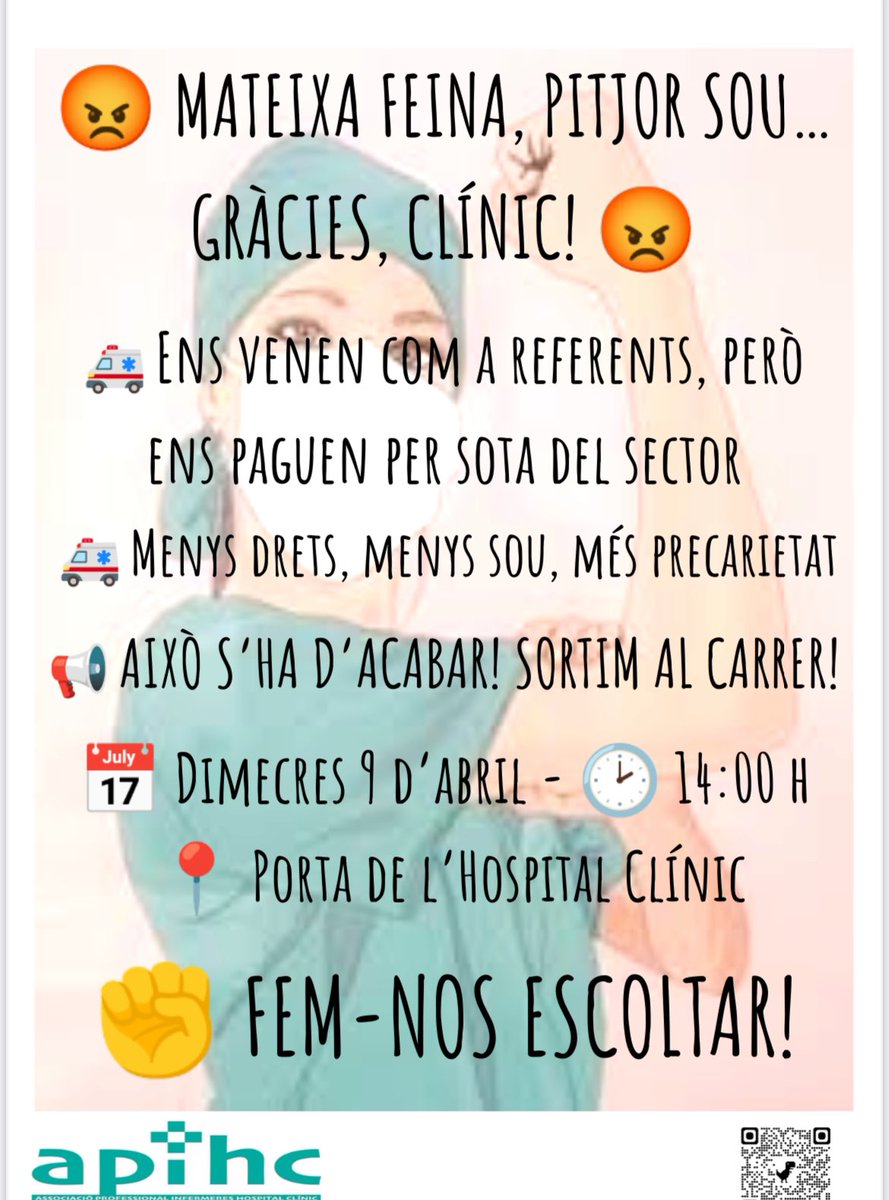 Apihcclinic's tweet photo. Les infermeres de l’Hospital Clínic de Barcelona diem prou!!
 Mobilitza’t dimecres  9/04 a les 14h a la porta d’entrada del Clínic, carrer de Villarroel 170.
Pels pacients, per la ciutadania, per les infermeres, per tothom!! 💪🏻 https://t.co/x1b7YcyU9b