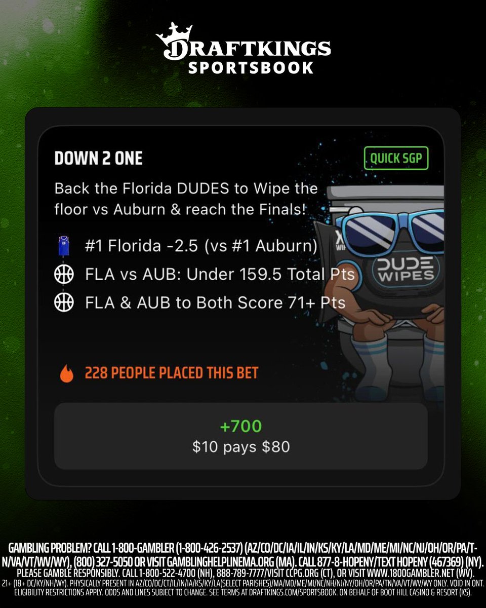 DKSports's tweet photo. Will Florida drop Auburn?

If you think they'll wipe the floor with the Tigers, it's time to go Down 2 One with @DUDEwipes 👀 https://t.co/i7kVBsEmSE