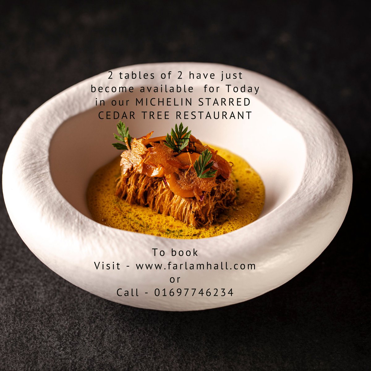 2 tables of 2 have just become available at our @michelinguide 1* Cedar Tree by <a href="/dhrishikesh/">Hrishikesh Desai</a>. If you wish to book then please visit our website farlamhall.com or call 01697746234. Thankyou.

#foodie #tastingmenu #michelinstar #michelinguide