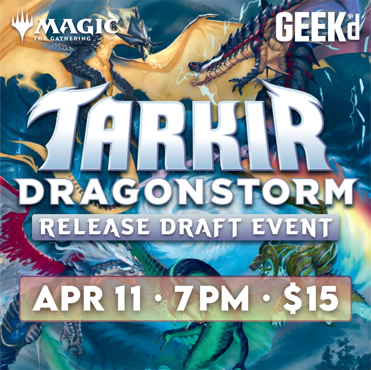 Awaken the storms—Tarkir: Dragonstorm takes flight this Friday! Celebrate the release with a special draft night on April 11th at 7 PM. Entry is $15—build your deck and command the skies! 🌀