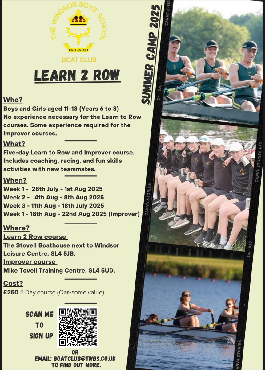 WBSBC (@wbsbc) on Twitter photo Learn to Row this summer - SUMMER COURSES are now OPEN
Very pleased to announce the 2025 dates.
AS PART OF THE WINDSOR ROWING PARTNERSHIP
+Sign posting for boys coming to @twbs & girls to Windsor Girls
More information at wbsbc.org
Email Boatclub@twbs.co.uk Learn to Row this summer - SUMMER COURSES are now OPEN
Very pleased to announce the 2025 dates.
AS PART OF THE WINDSOR ROWING PARTNERSHIP
+Sign posting for boys coming to @twbs & girls to Windsor Girls
More information at wbsbc.org
Email Boatclub@twbs.co.uk