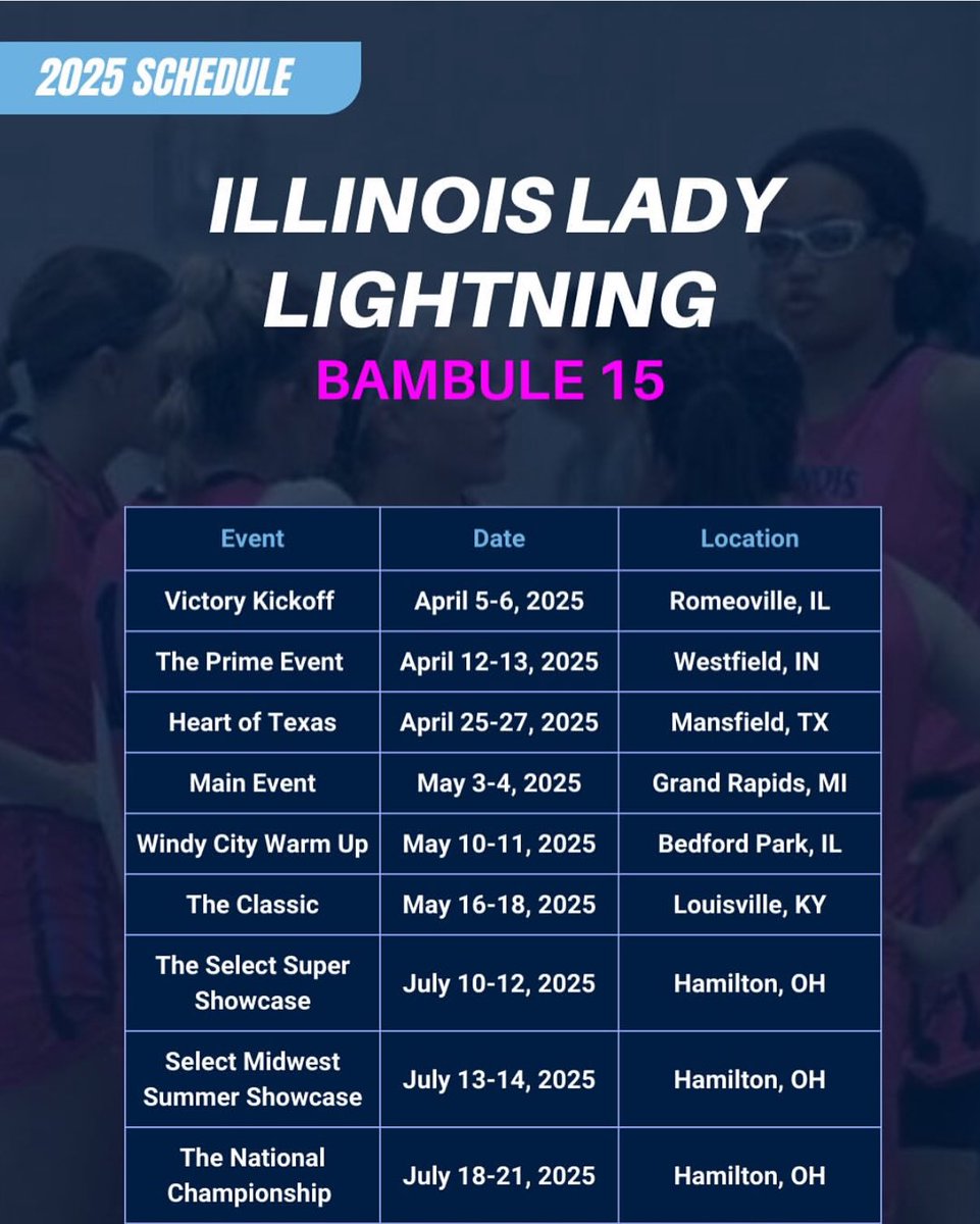 So excited for this upcoming AAU season with Lady Lighting! Here is my tournament schedule.