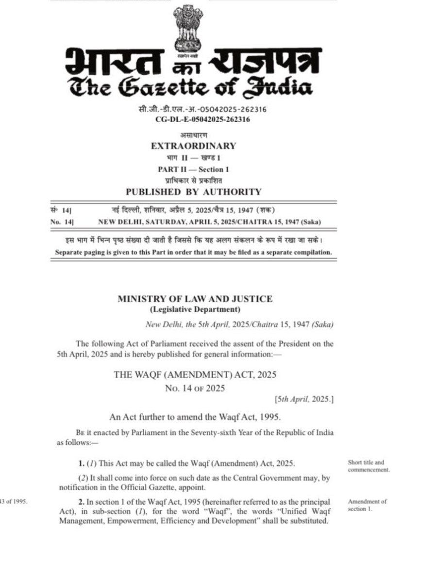 __ARaj_'s tweet image. Historic day! The Waqf Amendment Bill gets President&apos;s assent, marking a bold step by the Modi-led govt. towards transparency &amp;amp; accountability in Waqf management. Long overdue &amp;amp; much-needed reform for India. #WaqfAmendmentBill #IndiaReforms