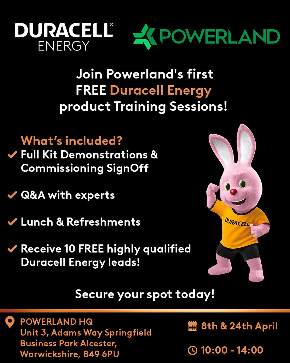 Powerland will be hosting Duracell Energy installer training on the 8th and 24th April. 🙌 🙌 

Interested? Sign up now 👇 
bit.ly/41WLwG8

Learn how to fully install and set up the Duracell Energy system , with a Q&amp;A from industry experts and 10 FREE qualified leads! 😀