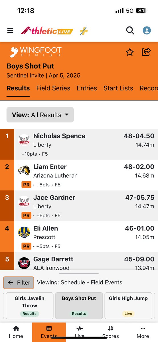 Nick Spence takes first Boys Shot Put! 🥇 
Jace Gardner finishes 3rd and another PR! 💥