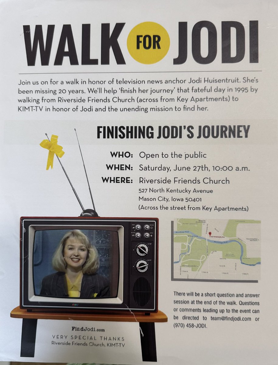 Almost 10 years since 20th anniversary of Jodi Huisentruit's abduction on way to anchor a.m. news at KIMT-TV in Mason City, IA, our FindJodi team prepares for another milestone anny on 6/27. #FindJodi #JodiHuisentruit #missingpersons