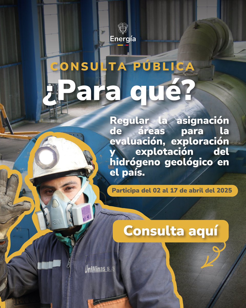 MinEnergiaCo's tweet photo. #ComunicadoOficial ⚡ | Anunciamos consulta pública para regular asignación de áreas de exploración del hidrógeno geológico en el país.

Conoce más detalles aquí 👇🏻 
https://t.co/7raNctayXN https://t.co/CWo78DAxSx