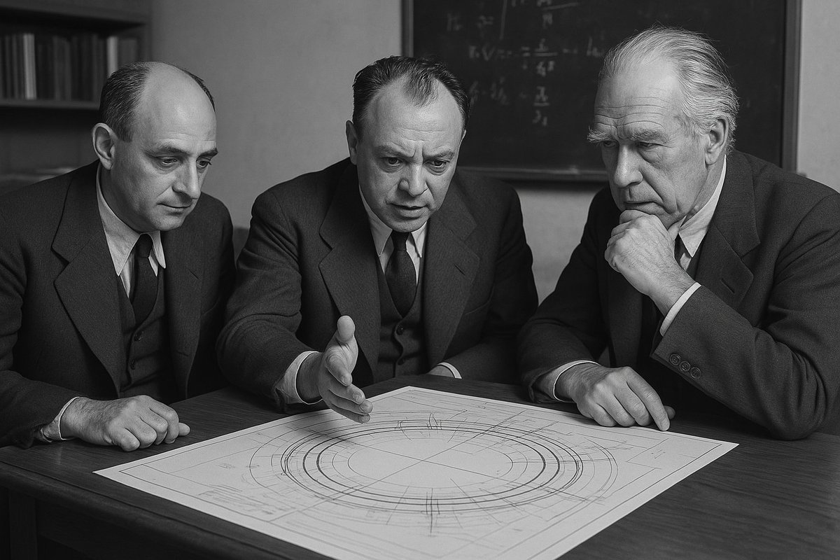 A famous but rare picture of Bhor, Fermi and Pauli in 1948 discussing the future construction of the LHC in about 50 years.