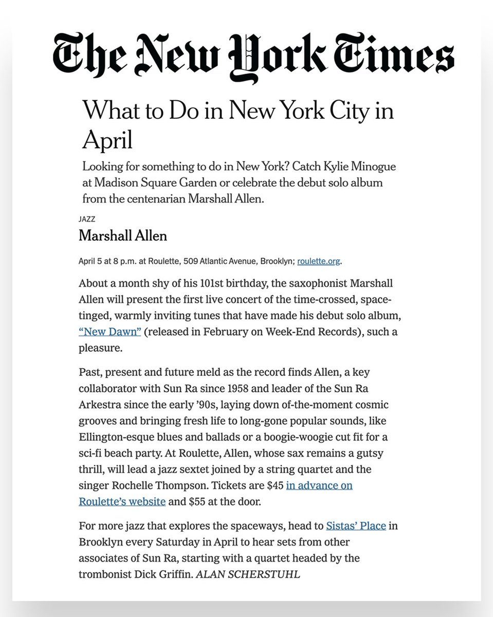 Kick off #jazzappreciationmonth with the <a href="/nytimes/">The New York Times</a> #jazz pick of the month 🎷 TONIGHT 🚨 #jazzlegend Marshall Allen's debut solo album concert <a href="/Roulette_NYC/">Roulette</a> <a href="/MexicanSummer/">Mexican Summer</a> 🎟️ t.ly/FAVm0