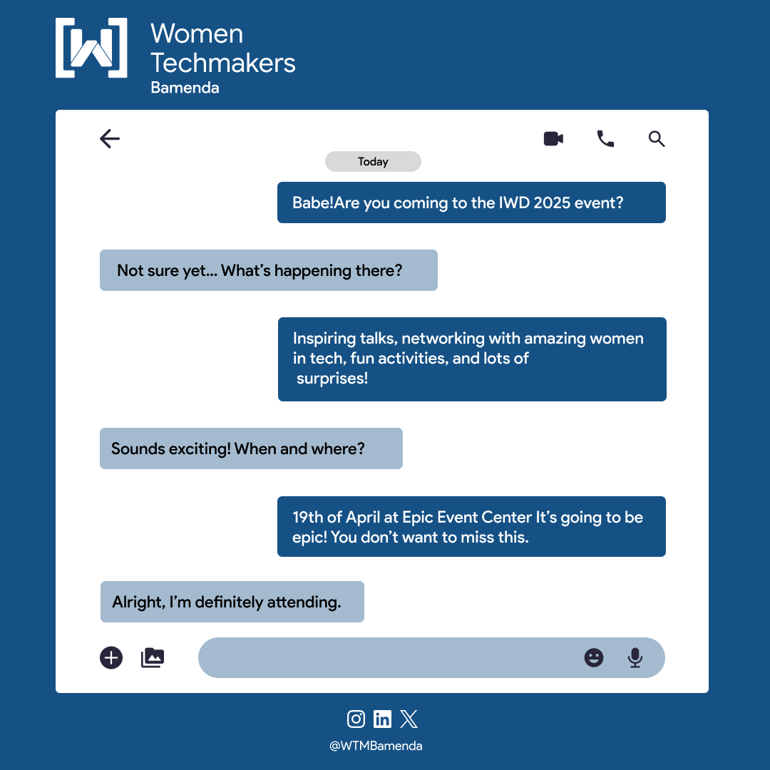 Women Techmakers Bamenda #IWD2025 (@wtmbamenda) on Twitter photo 2 weeks to go🥳
Come slay in your cooperate baddie outfit,🥰 though not obligatory, it will be nice to see y'all dressed stunning💃🏽. 
📅 April 19th
📌Time, 9am 
📍Epic Events center
 
RSVP: bit.ly/IWD2025-WTMBam…
#WTMRedefinePossible #WTMBamendaIWD2025 #WTMBamendaIWD #IWD2025 2 weeks to go🥳
Come slay in your cooperate baddie outfit,🥰 though not obligatory, it will be nice to see y'all dressed stunning💃🏽. 
📅 April 19th
📌Time, 9am 
📍Epic Events center
 
RSVP: bit.ly/IWD2025-WTMBam…
#WTMRedefinePossible #WTMBamendaIWD2025 #WTMBamendaIWD #IWD2025