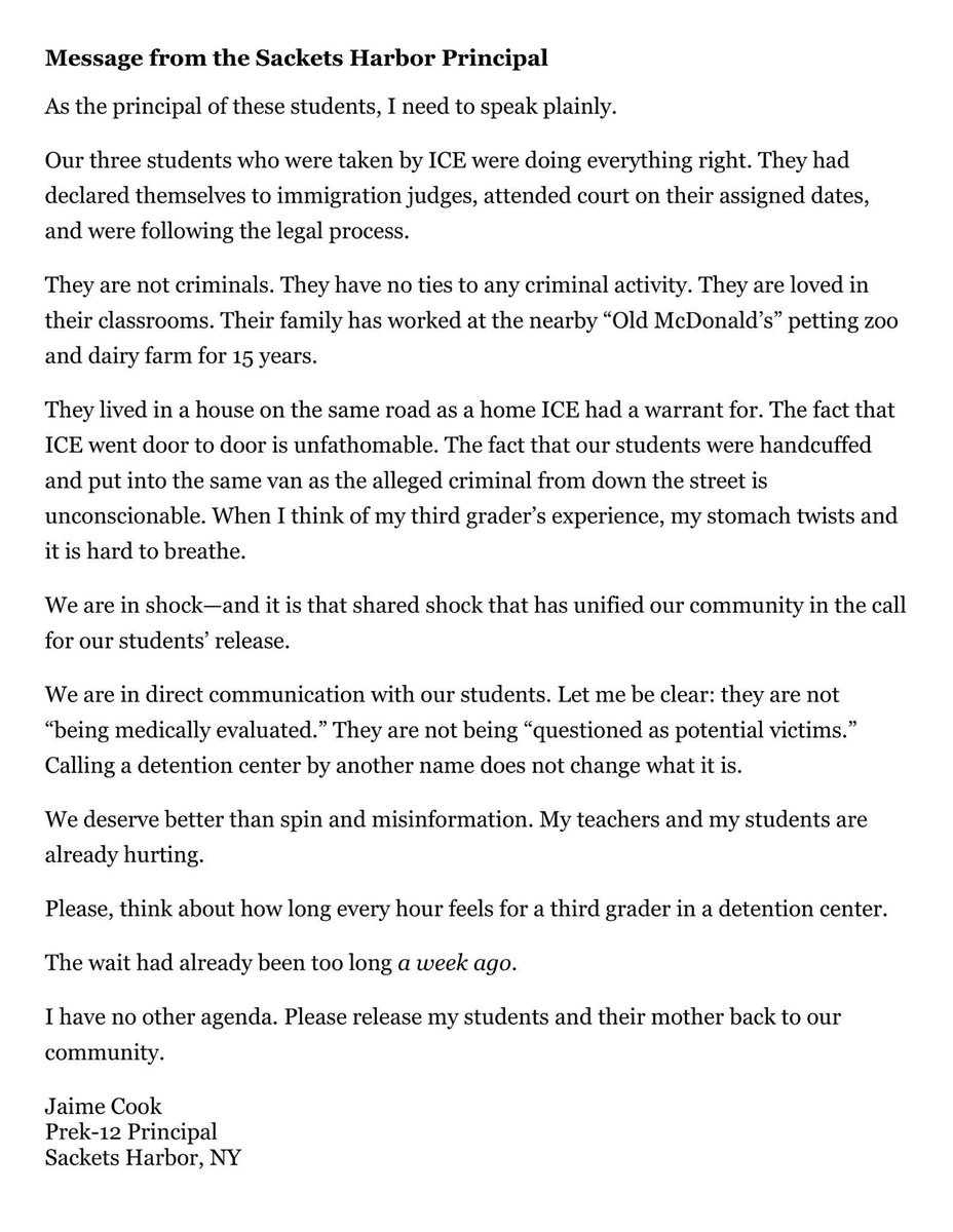 What’s happening in Sackets Harbor is devastating. Three students ripped from their school—despite following every legal step.

This is hurting the whole school community. Kids belong in classrooms, not detention centers.