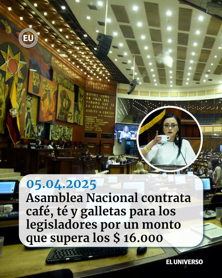 LaHistoria (@lahistoriaec) on Twitter photo ¿No gusta pasar a tomar una tacita de café? La Asamblea presidida por Viviana Veloz contrata café, té y galletas para los legisladores, por un monto que supera los $ 16.000, publica <a href="/eluniversocom/">El Universo</a>. ¿No gusta pasar a tomar una tacita de café? La Asamblea presidida por Viviana Veloz contrata café, té y galletas para los legisladores, por un monto que supera los $ 16.000, publica <a href="/eluniversocom/">El Universo</a>.