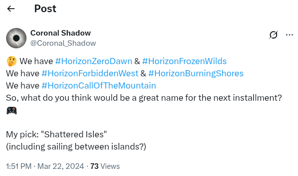 Coronal_Shadow's tweet image. I knew nothing about Burning Shores before starting it a few days ago.
Turns out, it's set on islands that are the earthquake-ravaged remains of Los Angeles; an environment that could be described as "shattered isles" 😲