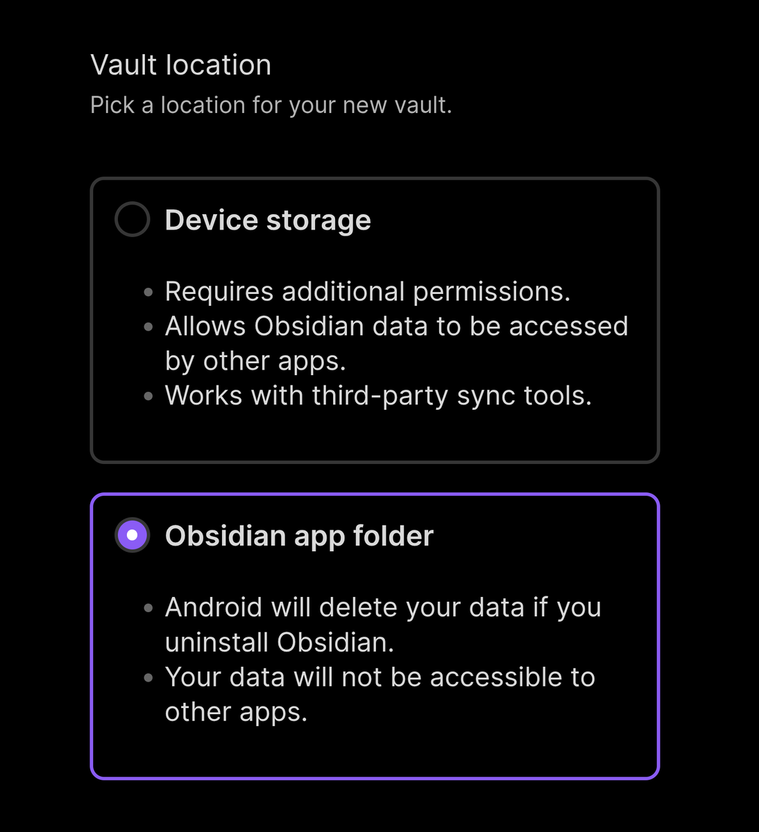 currently Obsidian for Android requires full file access permissions because it's necessary for certain third-party sync tools and interoperability — but some users prefer narrower permissions

in an upcoming version we're adding this option, do the tradeoffs make sense here?