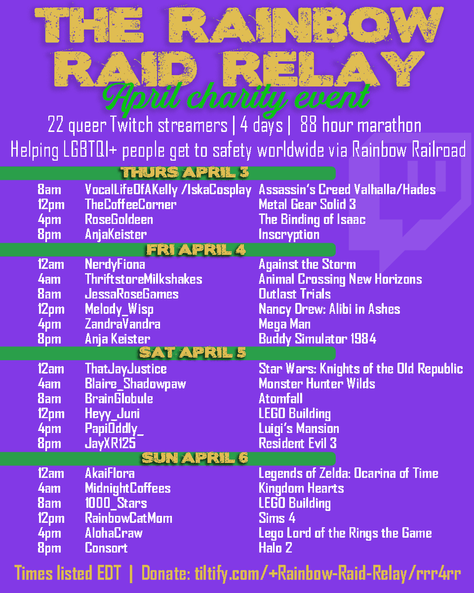 WE ARE LIVE with <a href="/jayxr123/">Jay Lopez</a>  playing Resident Evil 3 to help raise funds for the LGBTQIA+ charity @rainbowrailroad!
8pm-midnight EDT / 1-5am BST
twitch.tv/jayxr125

After Jay we head to <a href="/AkaiFlora/">AkaiFlora</a>  who'll be playing Legend of Zelda: Ocarina of time from 12-4am EDT / 5-9am BST