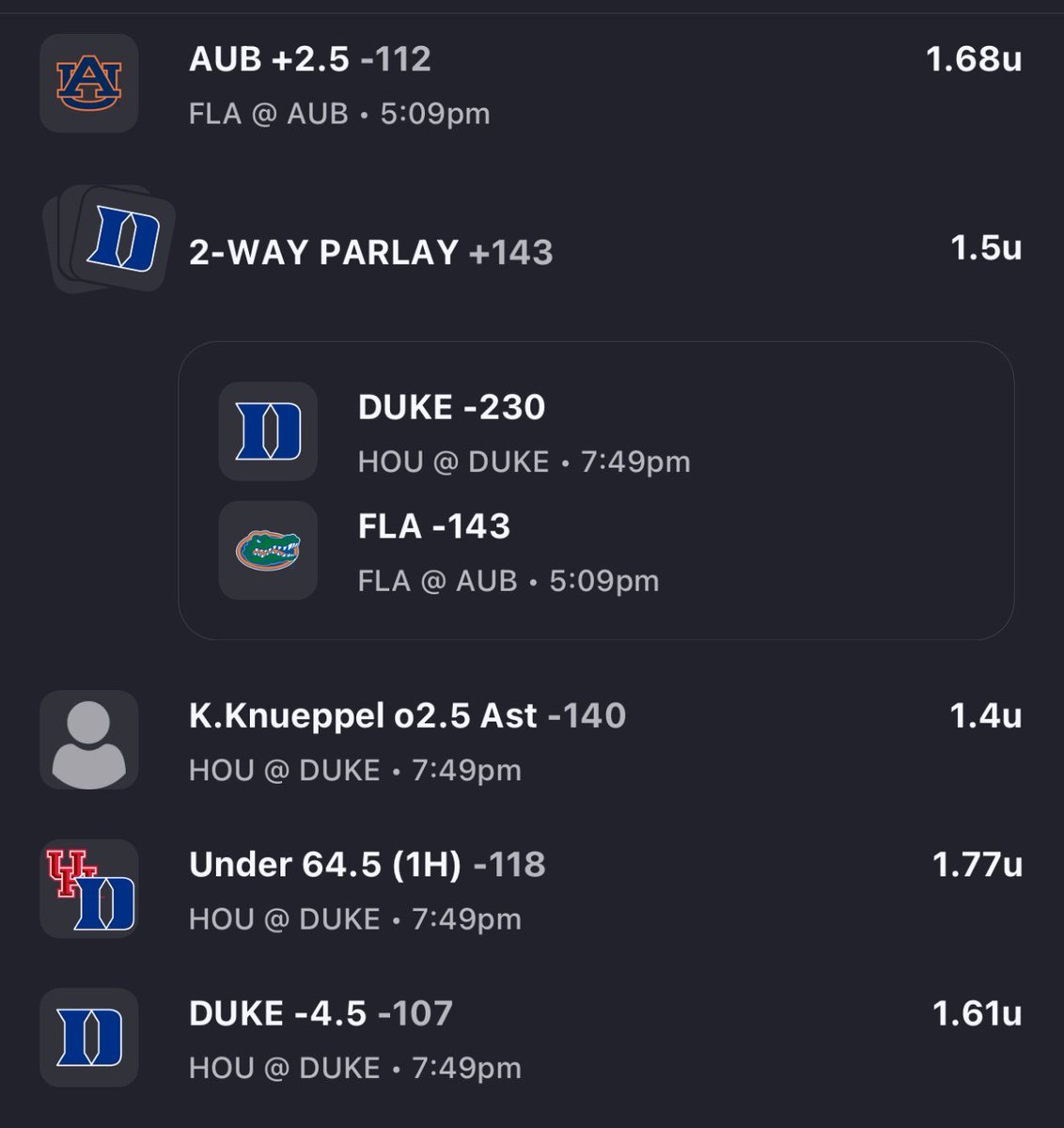 🏀FINAL FOUR PICKS🏀

Let’s get after it! Favorites been crushing, why stop now? This Duke team is different this year 😈🔥

- Auburn +2.5 🐅
- Florida/Duke ML Parlay (+143) 🐊🔵
- Knueppel o2.5 assists (-140) 🎯
- 1H Under 64.5 (Houston/Duke) (-118) ⛓️
- Duke -4.5 (-107) 🏀