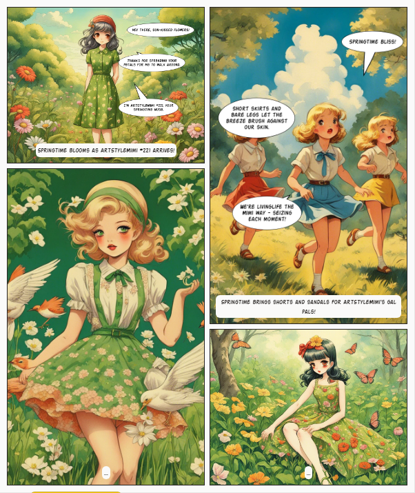 NftLexie's tweet image. Ahoy, crew! 🌸 ArtStyleMimi #221 is spring itself—grass greens, flowers bloom, birds sing at her arrival. Short skirts and sunshine follow! Isn’t she marvelous? Let’s explore further. 💚✨ #SpringSiren #ThreadStart  )🥲