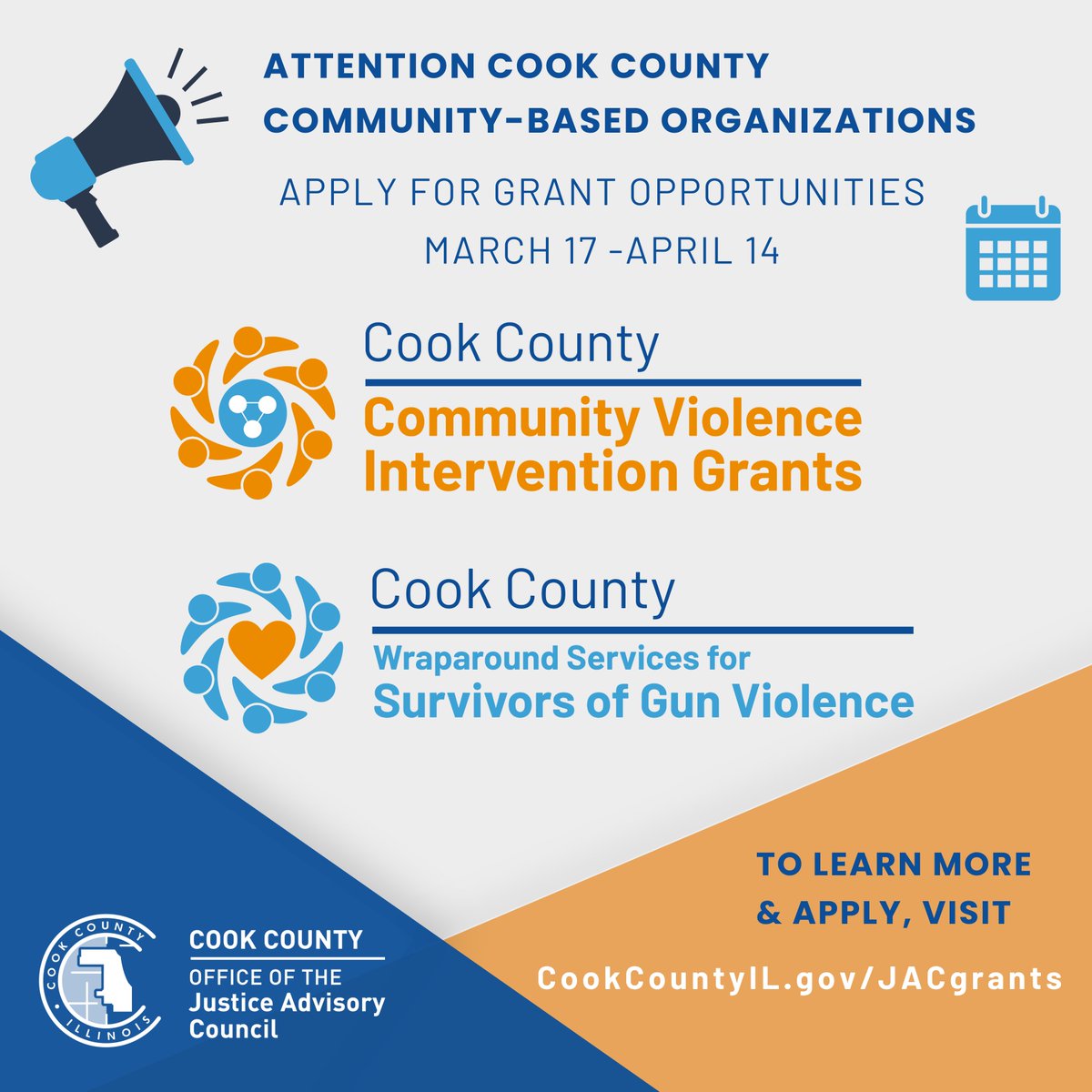 ChiPublicHealth's tweet image. Reminder! Apply by Monday, April 14, 2025 at 5pm CST for Cook County’s Community Violence Intervention &amp;amp; Wraparound Services for Survivors of Gun Violence grant opportunities. 

Learn more and apply at CookCountyIL.gov/JACGrants.

#CommunityOrganization #nonprofit