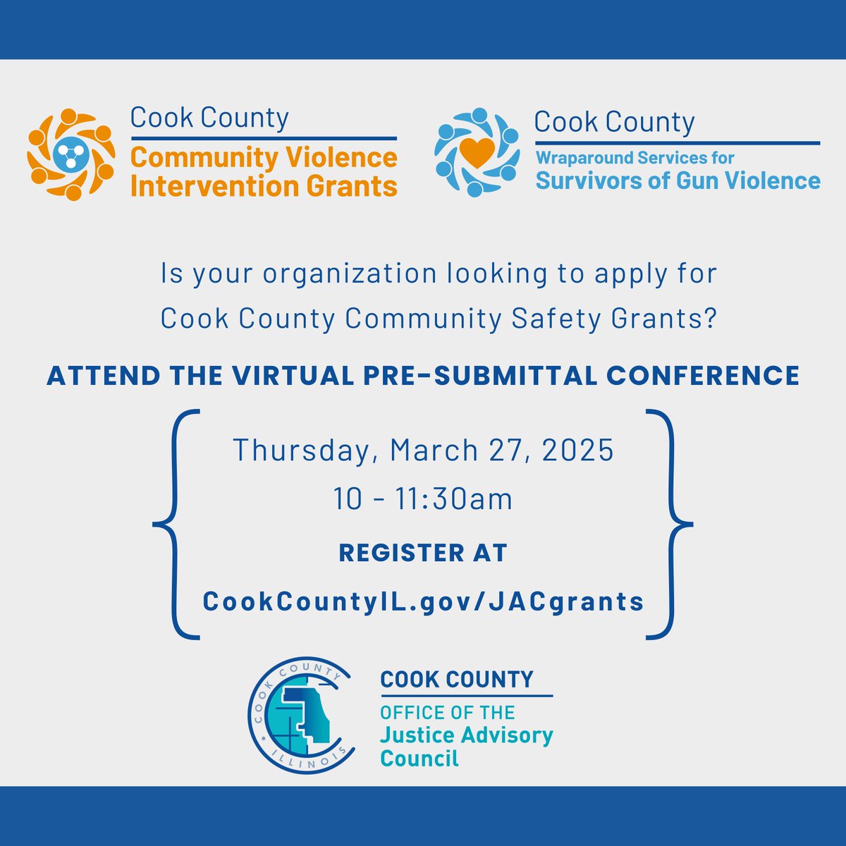 ChiPublicHealth's tweet image. Reminder! Apply by Monday, April 14, 2025 at 5pm CST for Cook County’s Community Violence Intervention &amp;amp; Wraparound Services for Survivors of Gun Violence grant opportunities. 

Learn more and apply at CookCountyIL.gov/JACGrants.

#CommunityOrganization #nonprofit