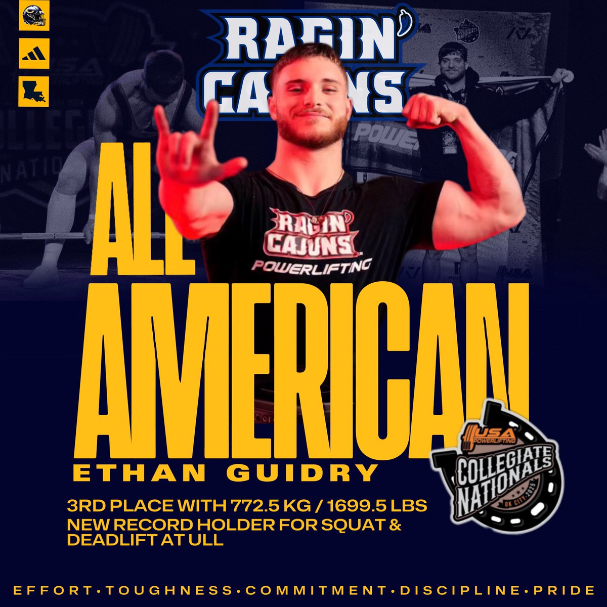 Congratulations Ethan Guidry on placing 3rd in the Collegiate Nationals! 

#carencro #exit4 #geauxbears #big5 #ethanguidry #ULL #collegaitenationals #powerlifting #ragincajun