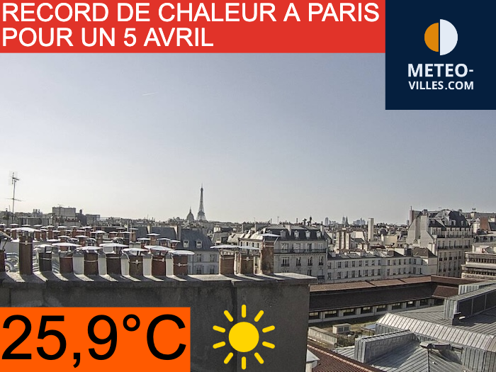 Meteovilles's tweet photo. 🥵🌡️Samedi 17h30 : Avec 25,9°C, la capitale française a battu son record pour un 5 avril et fait partie des villes les plus chaudes d'Europe !
Il a fait également 26.9°C à Mussy-Sur-Seine (10) et Saint-Maur-des-Fossés (94).