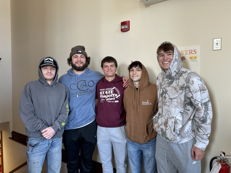 RHS students Jacob McLeod, Landon Bull, Trevor Dye, Jacob Freyermuth, Jackson Hofer, Caelen Fuhr (not pictured), and Caroline Neece (not pictured) worked at the Rockridge Community Food Pantry this morning. They did an excellent job serving their community!