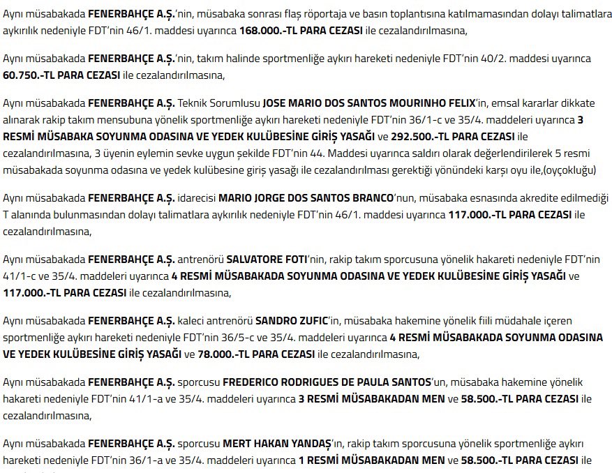 PFDK cezaları açıkladı;

▪️ Jose Mourinho: 3 maç
▪️ Salvatore Foti: 4 maç
▪️ Sandro Zufic: 4 maç
▪️ Fred: 3 maç
▪️ Mert Hakan Yandaş: 1 maç

Ödül resmen.. İstifa edin artık yeter! #TFFistifa