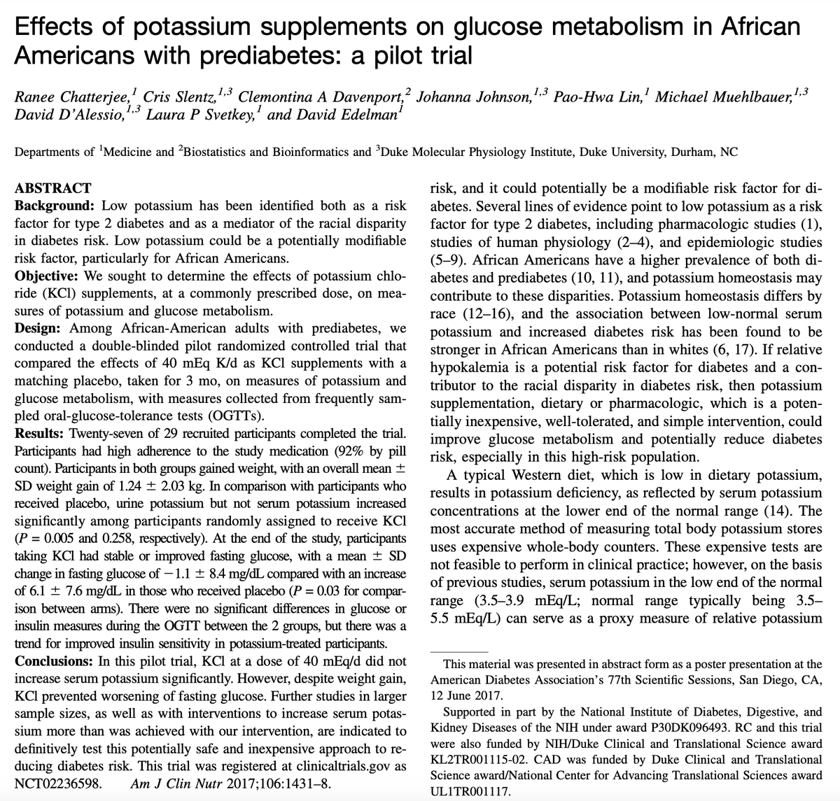 Outdoctrination's tweet photo. Potassium reverses insulin resistance.

Intake of an extra 1.5g of potassium per day:

◇ Lowers fasting blood sugar
◇ Improves glucose metabolism
◇ Lowers insulin levels

97% of people don't get enough in the diet - mainly in fruits, potatoes, and veg.