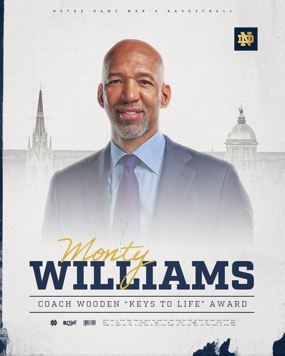 leadership, character, and impact. 

congrats to Monty Williams on receiving the 2025 Coach Wooden "Keys to Life" Award! 

#GoIrish☘️
