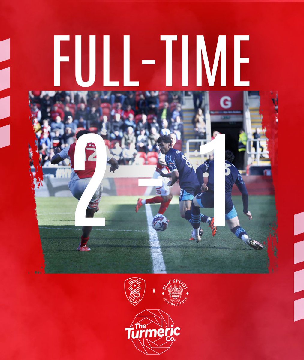 FT | Rotherham United 2 v 1 Blackpool

Rafferty snatches the points for the Millers! 😍

Powered by <a href="/TheTurmericCo/">The Turmeric Co.</a>. 🌱

#rufc | #ForeverTogetherForeverProud