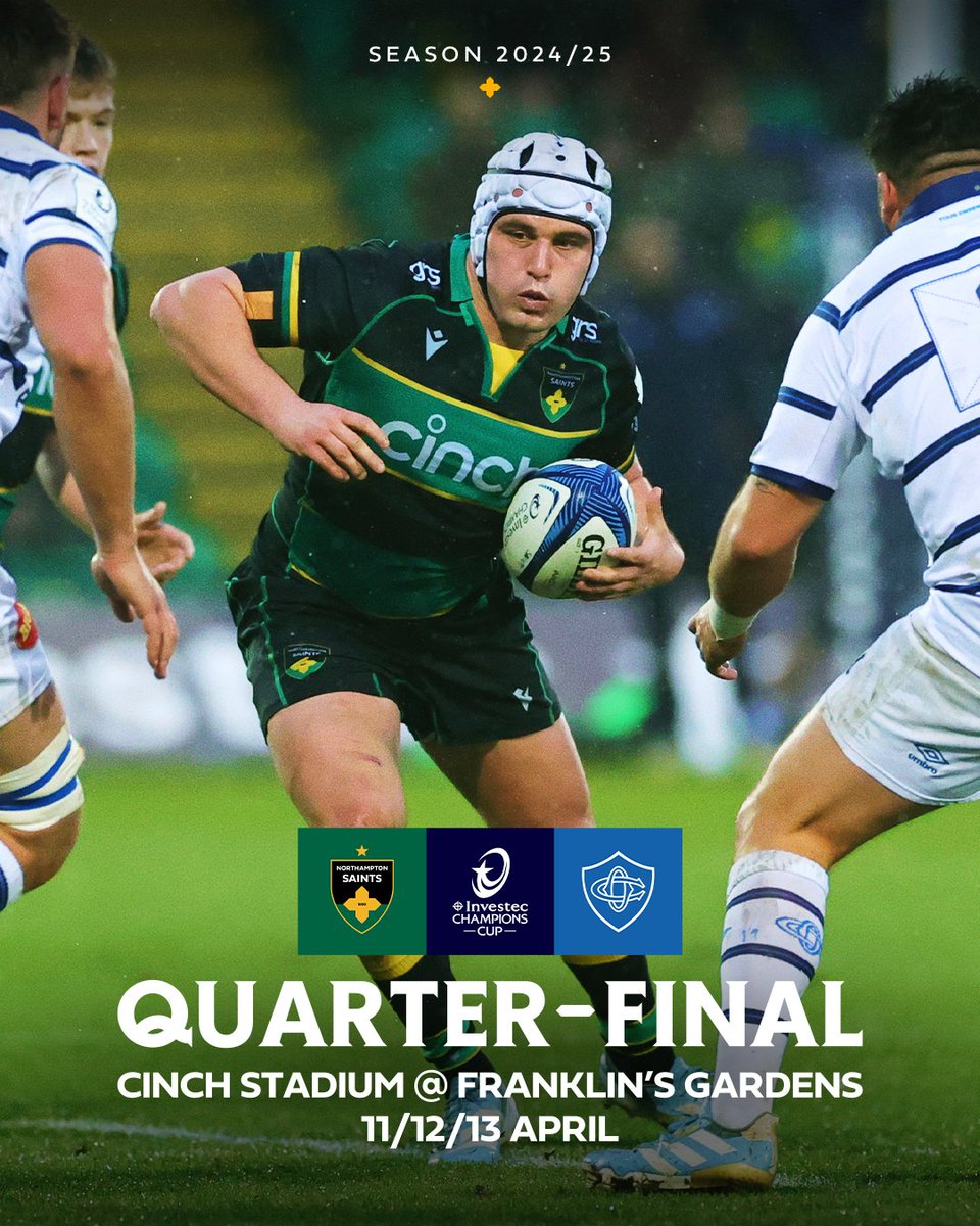Northampton Saints 😇 (@saintsrugby) on Twitter photo We will host <a href="/CastresRugby/">Castres Olympique</a> in the quarter-finals of the Investec Champions Cup next weekend.
Tickets to go on sale this evening, when EPCR confirm date and kick-off time. We will host <a href="/CastresRugby/">Castres Olympique</a> in the quarter-finals of the Investec Champions Cup next weekend.
Tickets to go on sale this evening, when EPCR confirm date and kick-off time.
