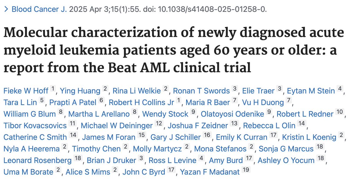 UChicago Leukemia Program (@uchicagoleuk) on Twitter photo new work from the BEAT AML study featuring <a href="/myeloidmalig/">Toyosi Odenike</a> <a href="/DrWendyStock/">Wendy Stock</a> as co-authors!
pubmed.ncbi.nlm.nih.gov/40180903/ new work from the BEAT AML study featuring <a href="/myeloidmalig/">Toyosi Odenike</a> <a href="/DrWendyStock/">Wendy Stock</a> as co-authors!
pubmed.ncbi.nlm.nih.gov/40180903/