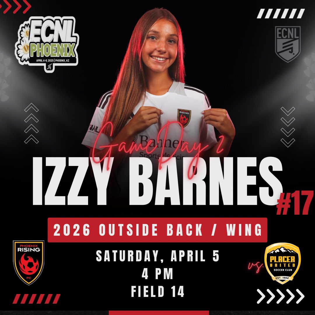Isabella “Izzy” Barnes (@izzybarnes2026) on Twitter photo PHOENIX ECNL - GAME DAY 2
📆 TODAY - Saturday, April 5
⏰ 4 pm
📍 Field 14 - Reach 11
🆚 Placer United 08
#ECNLPHX #classof2026
<a href="/PHXRisingYouth/">Phoenix Rising FC Youth Soccer</a>
<a href="/ImYouthSoccer/">ECNL/GA/Recruiting/College Soccer</a> <a href="/SunilSportsNews/">Sports News By Sunil Sunder Raj</a> <a href="/PrepSoccer/">Prep Soccer ⚽️</a> <a href="/ImCollegeSoccer/">College Soccer Truth ™</a> <a href="/ECNLgirls/">ECNL Girls</a> <a href="/YAthletesF/">Young Athletes Fitness</a> <a href="/scan1ansports/">ꜱᴄᴀɴʟᴀɴ ꜱᴘᴏʀᴛꜱ™️</a> <a href="/CoastRecruits/">Coast 2 Coast Recruits</a> PHOENIX ECNL - GAME DAY 2
📆 TODAY - Saturday, April 5
⏰ 4 pm
📍 Field 14 - Reach 11
🆚 Placer United 08
#ECNLPHX #classof2026
<a href="/PHXRisingYouth/">Phoenix Rising FC Youth Soccer</a>
<a href="/ImYouthSoccer/">ECNL/GA/Recruiting/College Soccer</a> <a href="/SunilSportsNews/">Sports News By Sunil Sunder Raj</a> <a href="/PrepSoccer/">Prep Soccer ⚽️</a> <a href="/ImCollegeSoccer/">College Soccer Truth ™</a> <a href="/ECNLgirls/">ECNL Girls</a> <a href="/YAthletesF/">Young Athletes Fitness</a> <a href="/scan1ansports/">ꜱᴄᴀɴʟᴀɴ ꜱᴘᴏʀᴛꜱ™️</a> <a href="/CoastRecruits/">Coast 2 Coast Recruits</a>