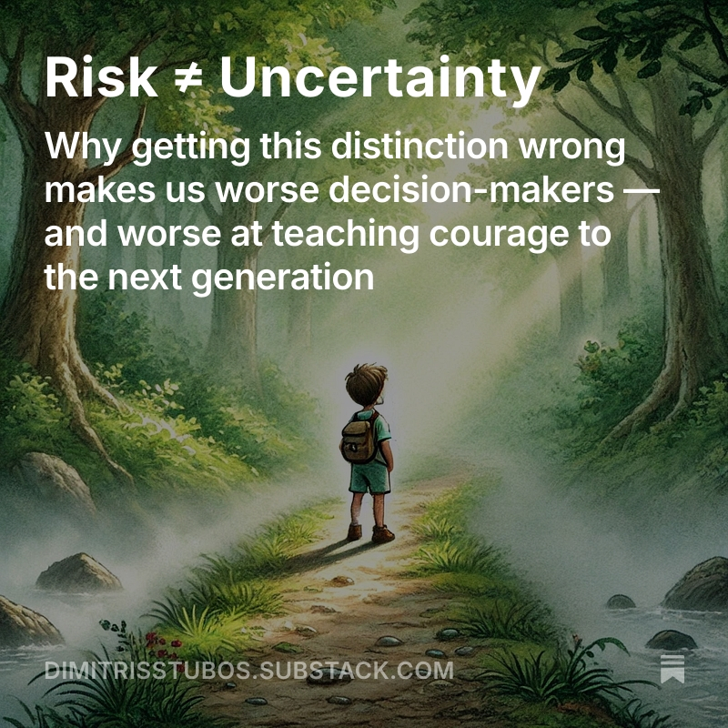 StubosD's tweet photo. We talk a lot about risk in life.  But most of what matters — parenting, purpose, creativity, even love — isn’t risky. 

It’s uncertain.  

Here’s why that distinction matters more than we think.
https://t.co/wPeBKfTxCg https://t.co/3MsJ5sPbm8