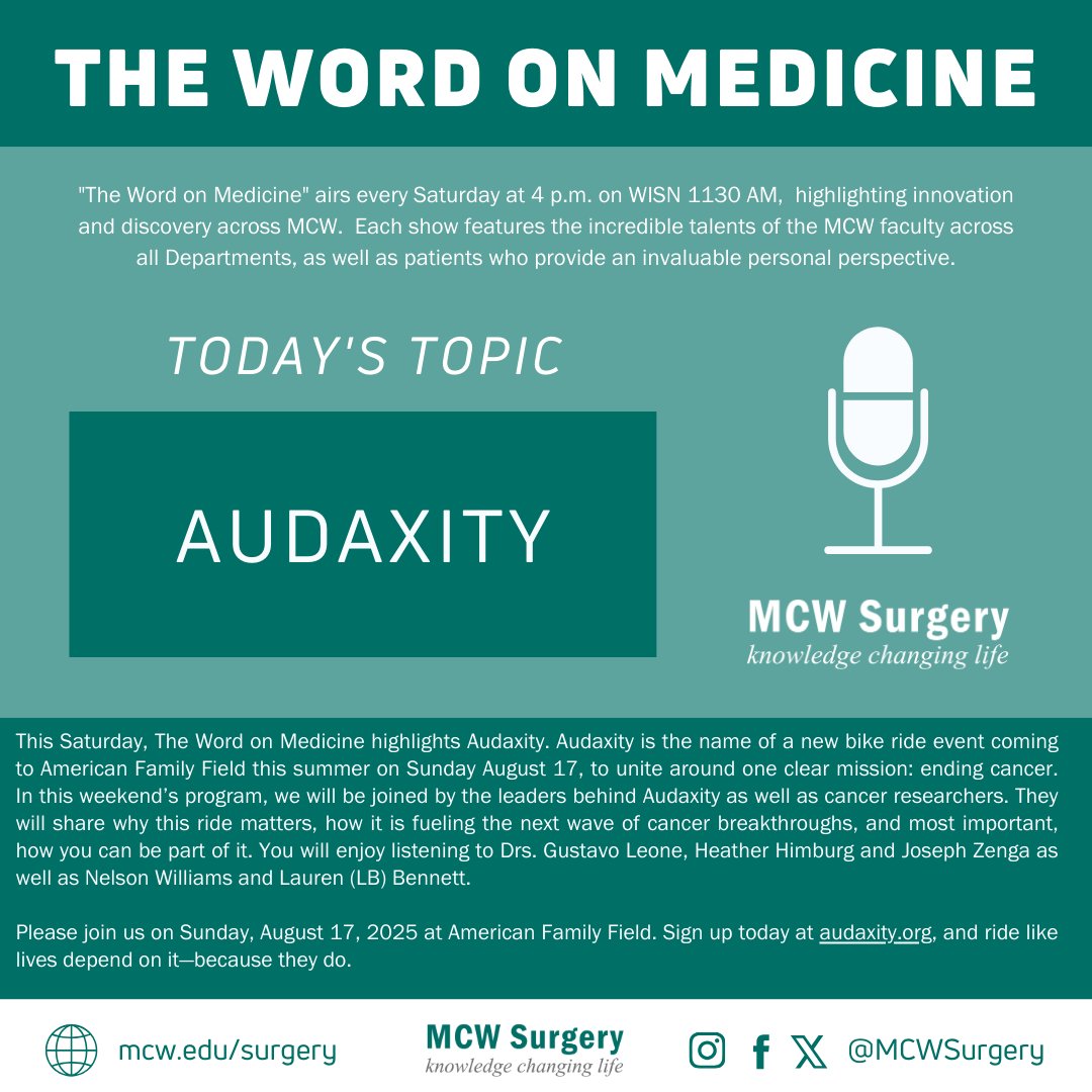 MCW Surgery (@mcwsurgery) on Twitter photo The #WordOnMedicine airs today at 4PM on <a href="/newstalk1130/">News/Talk 1130 WISN</a> & discusses the Audaxity bike ride event on 8/17/25 at AmFam Field. Sign up at audaxity.org!
Listen live here: t.ly/UPWW
All #WOM Episodes: t.ly/bsKQ
<a href="/MedicalCollege/">Medical College of Wisconsin</a> #LeadingTheWay The #WordOnMedicine airs today at 4PM on <a href="/newstalk1130/">News/Talk 1130 WISN</a> & discusses the Audaxity bike ride event on 8/17/25 at AmFam Field. Sign up at audaxity.org!
Listen live here: t.ly/UPWW
All #WOM Episodes: t.ly/bsKQ
<a href="/MedicalCollege/">Medical College of Wisconsin</a> #LeadingTheWay