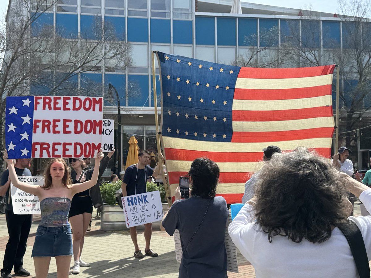 Huge crowds in the streets here in Durham NC. Defending American values against Trump/Musk’s attacks. #handsoff