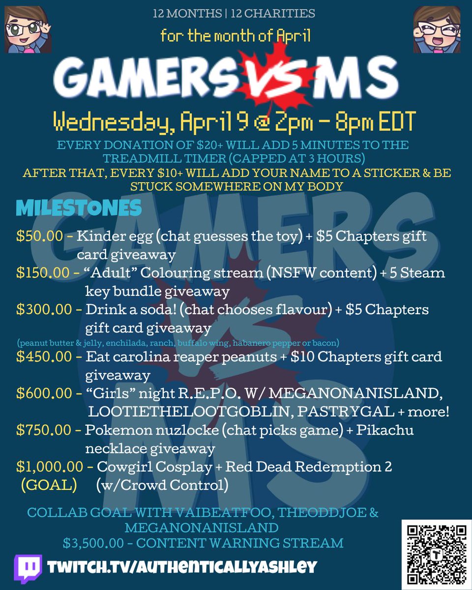 My @gamersvsms shift is Wednesday, April 9 from 2pm-8pm EDT!
$20+ will add 5 minutes to the treadmill timer (capped at 3 hours).  After that, $10+ will draw for some fun incentives!
You can donate through <a href="/tiltify/">Tiltify</a> at tilt.fyi/jGyOJ6WItg
Come find us at twitch.tv/authenticallya…