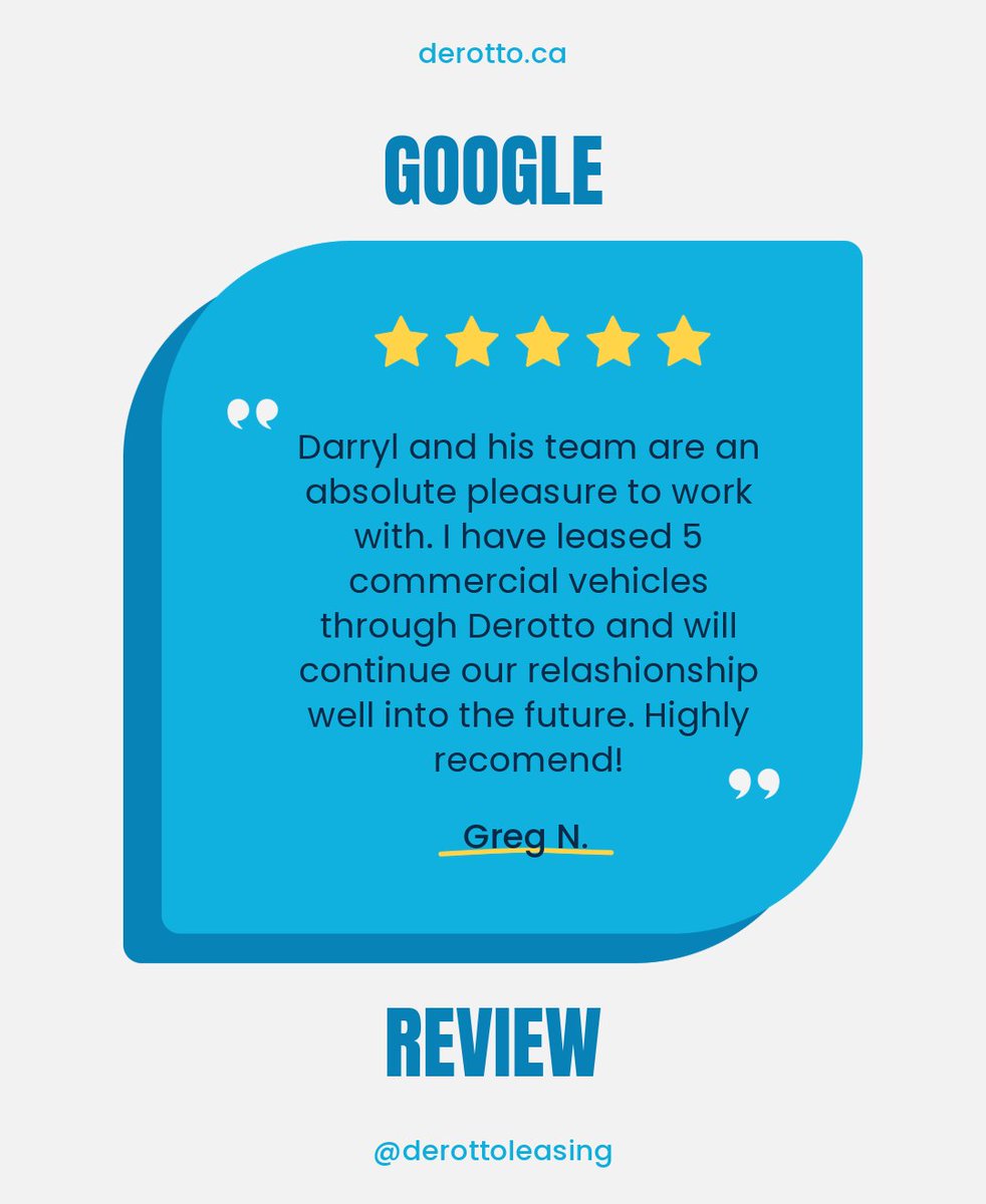 Another 5-star review! ⭐⭐⭐⭐⭐

Thank you, Greg, for trusting Derotto with your commercial vehicle leasing needs! We’re committed to making financing simple, stress-free, and seamless.