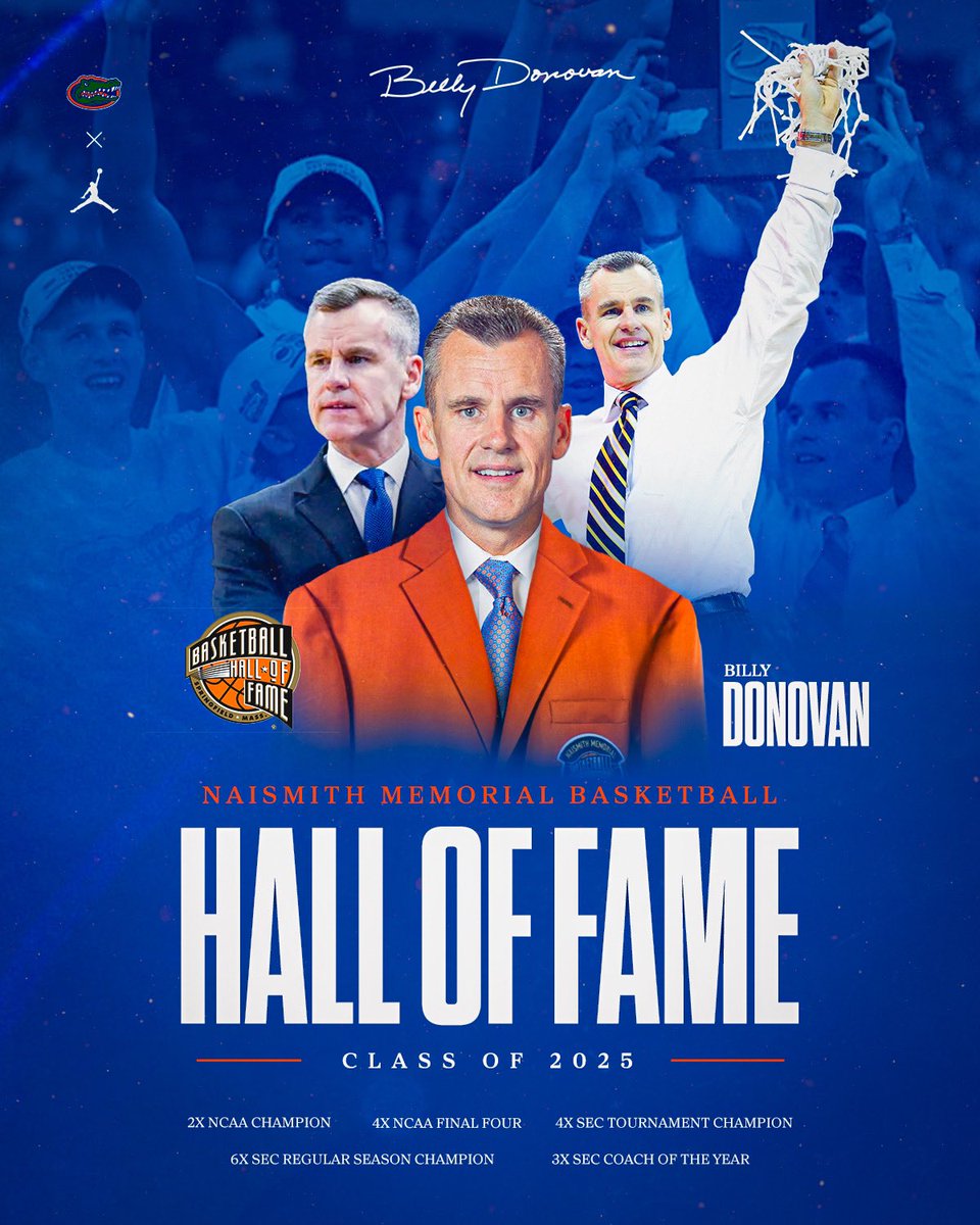 Congratulations to former GatorsMBK coach Billy Donovan on getting named as a Basketball Hall of Fame Class of 2025 inductee!