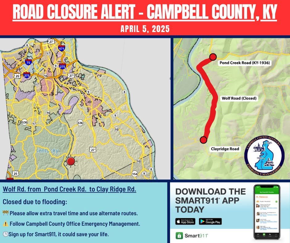 𝗥𝗢𝗔𝗗 𝗖𝗟𝗢𝗦𝗨𝗥𝗘 𝗡𝗢𝗧𝗜𝗖𝗘 – 𝗣𝗟𝗘𝗔𝗦𝗘 𝗣𝗟𝗔𝗡 𝗔𝗛𝗘𝗔𝗗!

𝐖𝐨𝐥𝐟 𝐑𝐨𝐚𝐝 from 𝐏𝐨𝐧𝐝 𝐂𝐫𝐞𝐞𝐤 𝐑𝐨𝐚𝐝 to 𝐂𝐥𝐚𝐲𝐫𝐢𝐝𝐠𝐞 𝐑𝐨𝐚𝐝 is closed due to flooding.