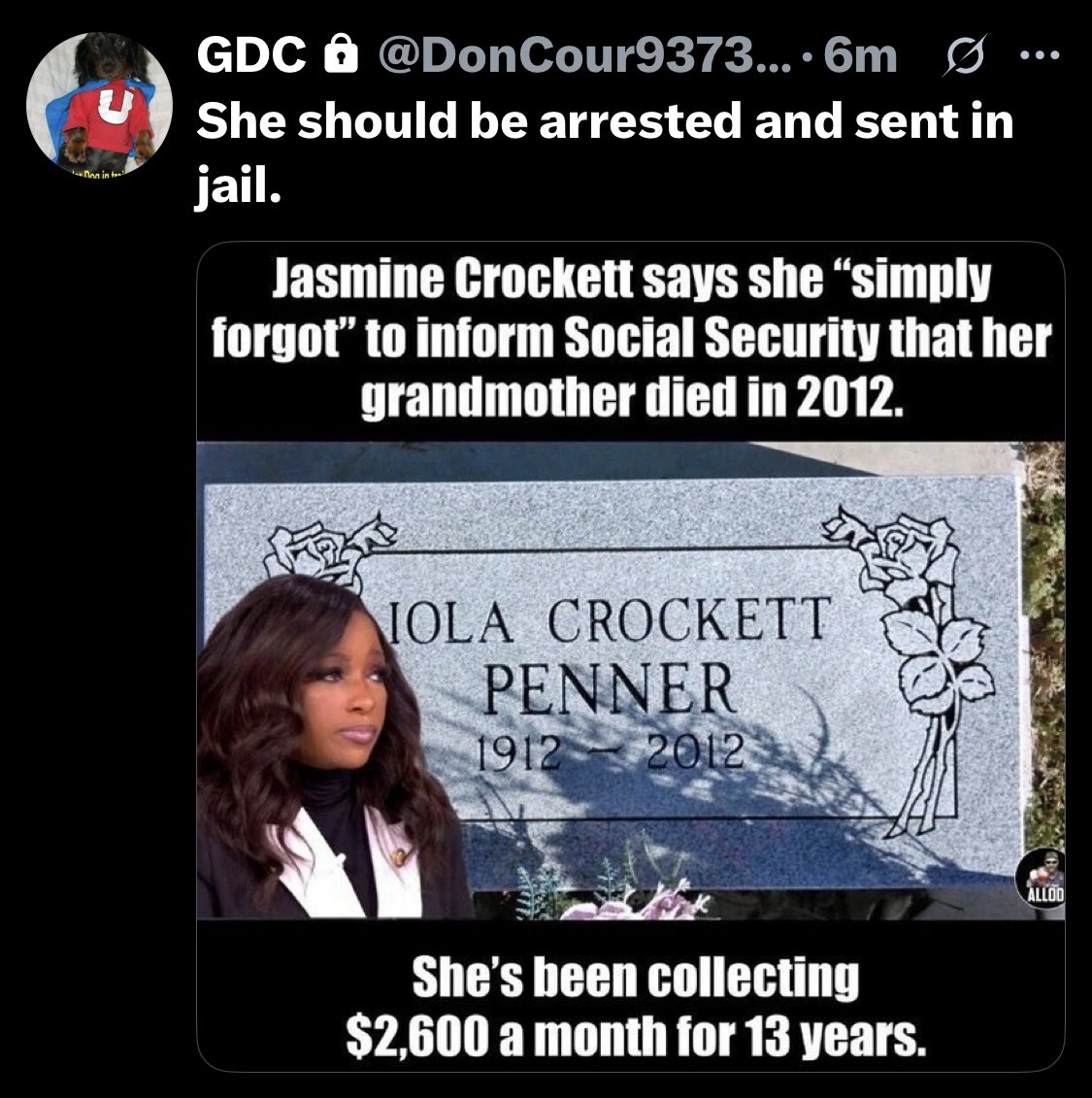 John_FKJR1's tweet photo. #Representative #JasmineCrockett 
@RepJasmine 
@RepJasminePress 

#Jasmine is a #Laywer 
Her Dad is a #pastor 
Her Mother is #USPS worker 
I don't believe that Jasmine FORGOT  her GMA died! 
#Demonrat 
#Arrest 
#JAIL

She is a #LIAR Along with  #SNOPES 

ThanQ @DonCour93737228 🤍 https://t.co/SZbI9YU6f1