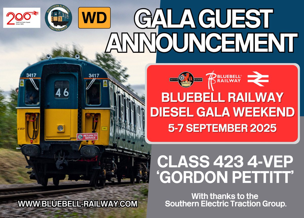 Bluebell Railway (@bluebellrailway) on Twitter photo We are delighted to welcome back 4-VEP 3417 'Gordon Pettitt' to the railway as our first diesel gala visitor for 2025!
Tickets and further gala visitor information will be made available in due course.
<a href="/Gordon_3417/">423417_GordonPettitt</a> #DieselGala2025 We are delighted to welcome back 4-VEP 3417 'Gordon Pettitt' to the railway as our first diesel gala visitor for 2025!
Tickets and further gala visitor information will be made available in due course.
<a href="/Gordon_3417/">423417_GordonPettitt</a> #DieselGala2025