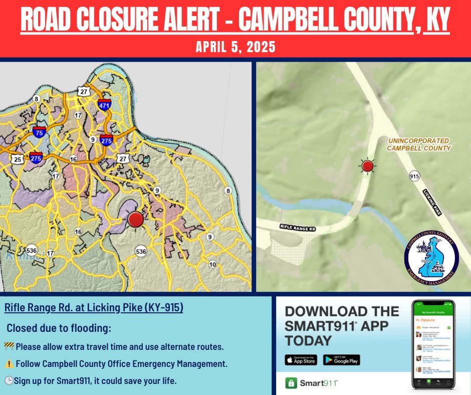 𝗥𝗢𝗔𝗗 𝗖𝗟𝗢𝗦𝗨𝗥𝗘 𝗡𝗢𝗧𝗜𝗖𝗘 – 𝗣𝗟𝗘𝗔𝗦𝗘 𝗣𝗟𝗔𝗡 𝗔𝗛𝗘𝗔𝗗!

𝐑𝐢𝐟𝐥𝐞 𝐑𝐚𝐧𝐠𝐞 𝐑𝐨𝐚𝐝 at 𝐋𝐢𝐜𝐤𝐢𝐧𝐠 𝐏𝐢𝐤𝐞 (𝐊𝐘-𝟗𝟏𝟓) is closed due to flooding.