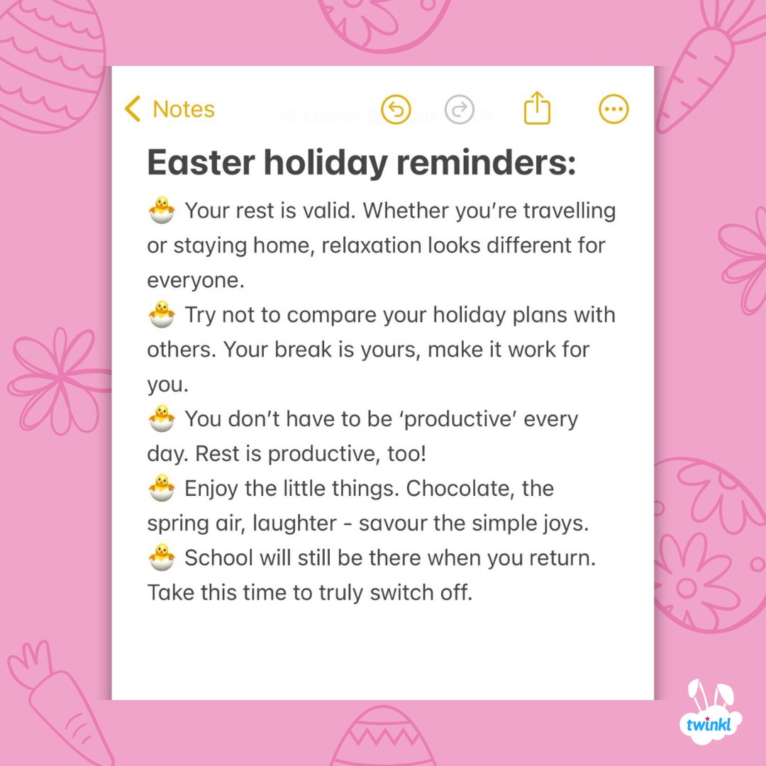 It’s the Easter holidays for many educators. Here are a few reminders to keep in mind during this time 💙

#edutwitter #easter #holiday #educator