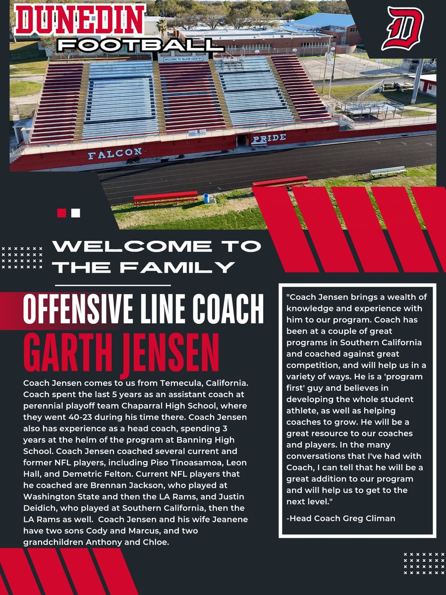 With a quickly growing program, we are beyond excited to be bringing Coach Garth Jensen <a href="/coachgkj/">Garth Jensen</a> ! Coach will be joining us this spring and will be coaching the OL. Coach Jensen brings a wealthof knowledge and experience with him and will be a great asset to the Falcon program!
